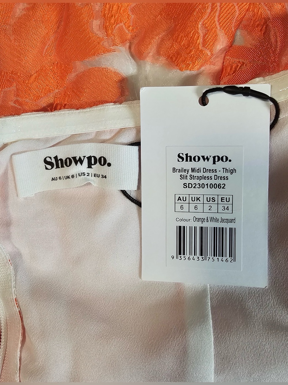 Showpo Brailey Strapless Jacquard Midi Dress Orange White US 2 NWT - Picture 8 of 11